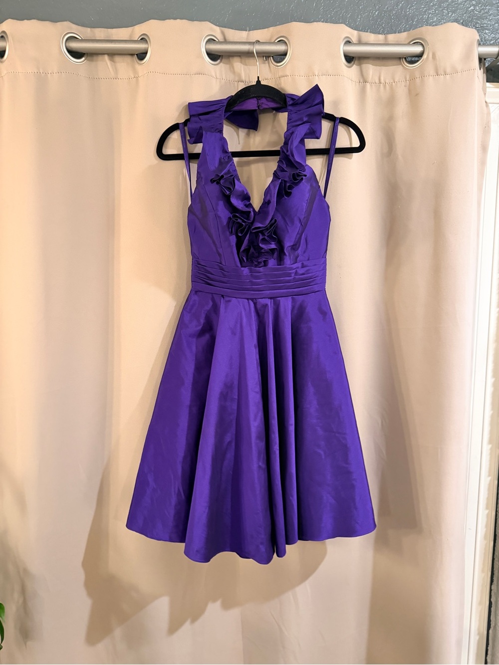 Angelina Faccenda Purple Ruffled Halter Fit & Flare Dress